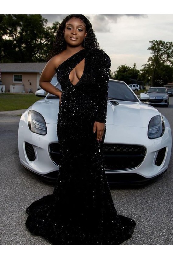 Velvet Sequin One Shoulder Sweep Train Long Sleeves Prom Dress Norwich