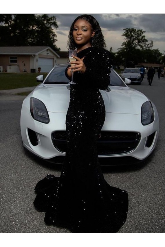 Velvet Sequin One Shoulder Sweep Train Long Sleeves Prom Dress Norwich