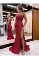 Burgundy Velvet Sequin One Shoulder Sweep Train Sleeveless Evening Dress Norwich