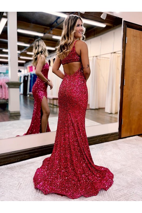 Burgundy Velvet Sequin One Shoulder Sweep Train Sleeveless Evening Dress Norwich