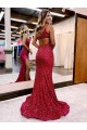 Burgundy Velvet Sequin One Shoulder Sweep Train Sleeveless Evening Dress Norwich