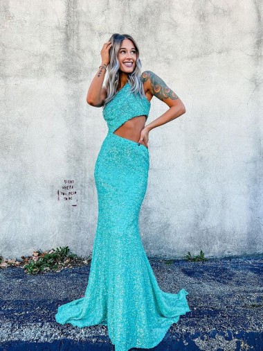 Velvet Sequin One Shoulder Sweep Train Sleeveless Prom Dresses Norwich