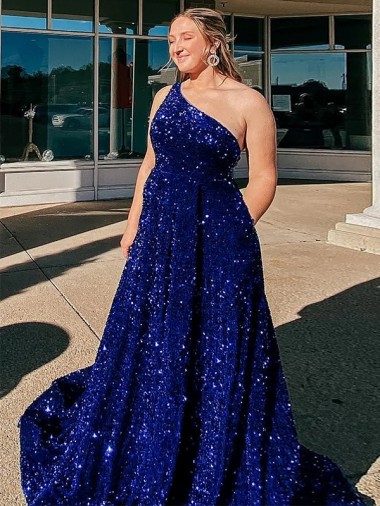 Velvet Sequin One Shoulder Sweep Train Sleeveless Prom Dress / Evening Gown Norwich
