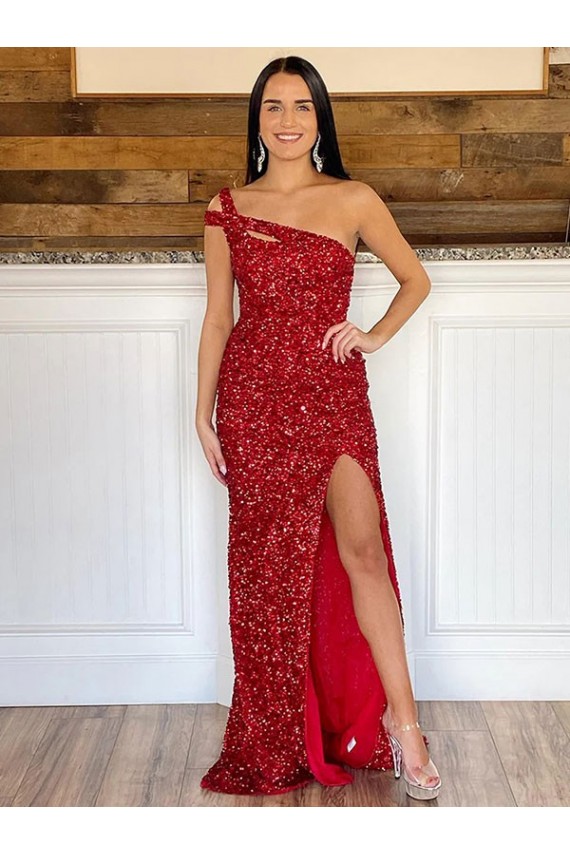 Velvet Sequin One Shoulder Sweep Train Sleeveless Prom Dress Norwich