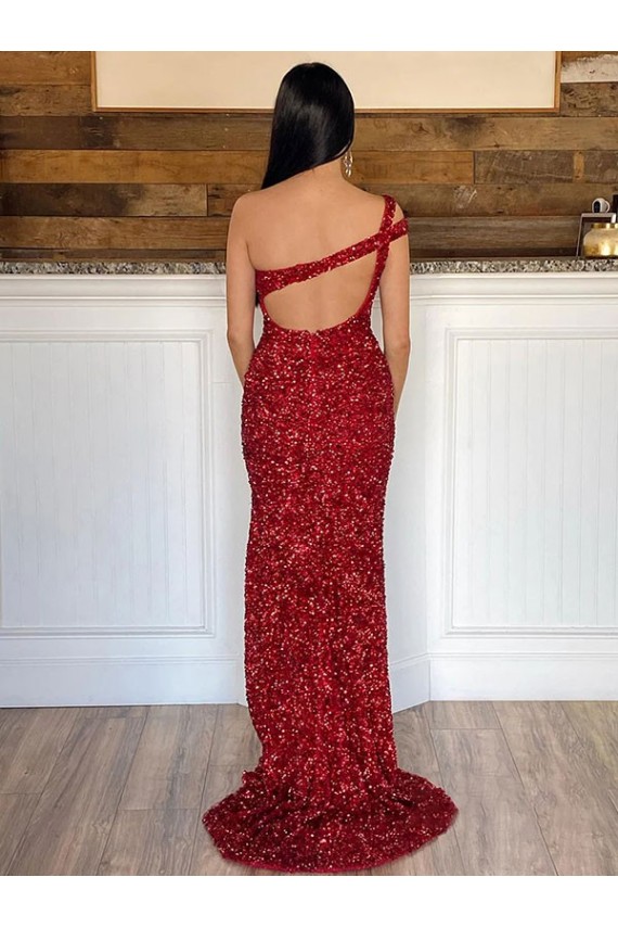 Velvet Sequin One Shoulder Sweep Train Sleeveless Prom Dress Norwich