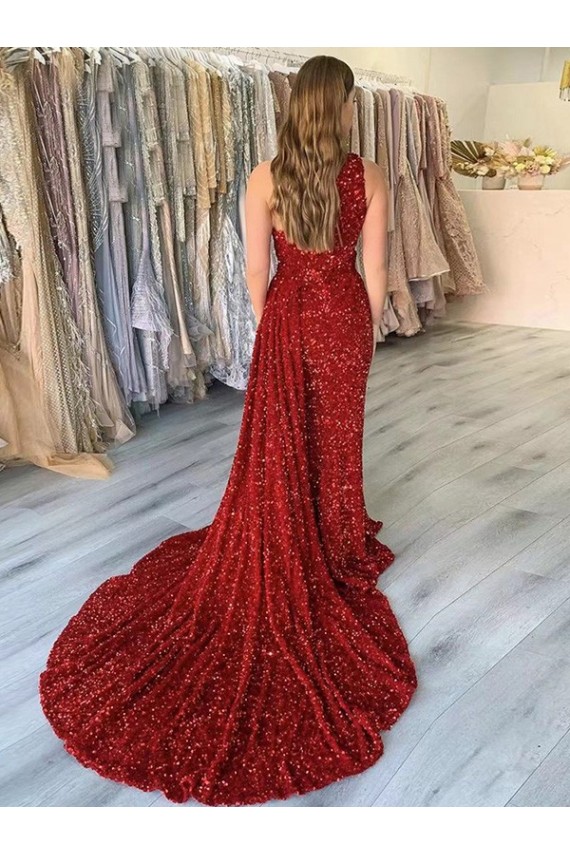 Velvet Sequin One Shoulder Court Train Sleeveless Prom Dress Norwich