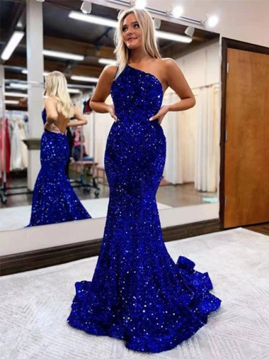 Royal Blue Velvet Sequin One Shoulder Sweep Train Sleeveless Prom Dress Norwich