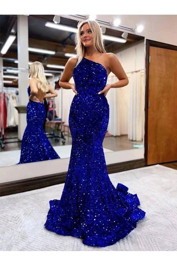 Royal Blue Velvet Sequin One Shoulder Sweep Train Sleeveless Prom Dress Norwich