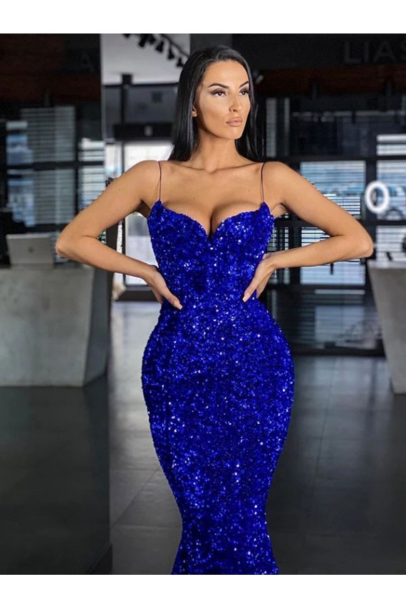 Velvet Sequin Spaghetti Straps Sweep Train Sleeveless Evening Gown / Prom Dress Norwich