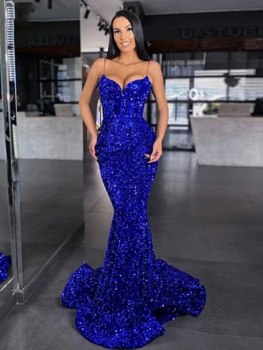 Velvet Sequin Spaghetti Straps Sweep Train Sleeveless Evening Gown / Prom Dress Norwich