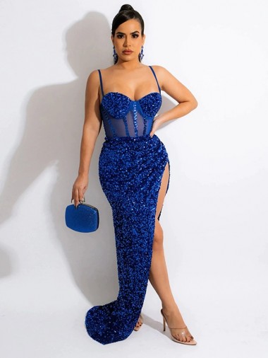 Royal Blue Velvet Sequin Spaghetti Straps Sweep Train Sleeveless Evening Dress Norwich