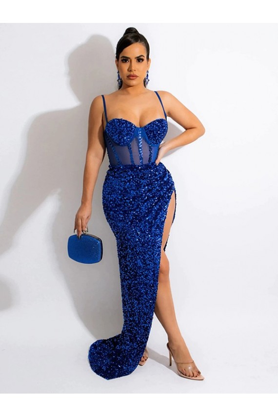 Royal Blue Velvet Sequin Spaghetti Straps Sweep Train Sleeveless Evening Dress Norwich