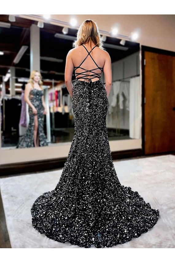 Velvet Sequin Spaghetti Straps Sweep Train Sleeveless Prom Dress Norwich