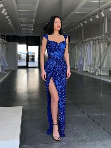 Royal Blue Velvet Sequin Spaghetti Straps Sweep Train Sleeveless Evening Gown / Prom Dress Norwich