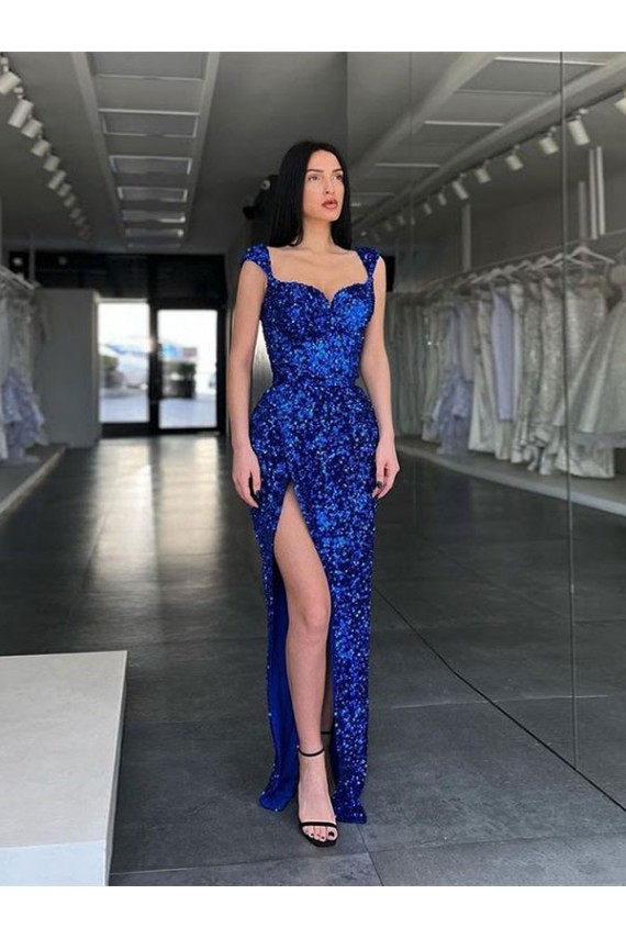 Royal Blue Velvet Sequin Spaghetti Straps Sweep Train Sleeveless Evening Gown / Prom Dress Norwich