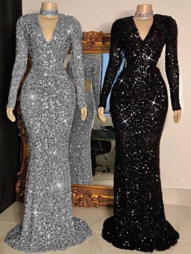 Velvet Sequin V-Neck Sweep Train Long Sleeves Prom Dress Norwich