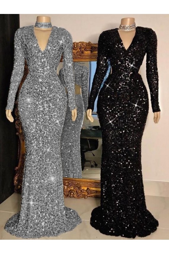 Velvet Sequin V-Neck Sweep Train Long Sleeves Prom Dress Norwich