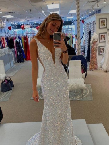 Velvet Sequin V-Neck Sweep Train Sleeveless Prom Dresses Norwich