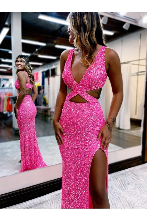 Velvet Sequin V-Neck Long Sweep Train Sleeveless Evening Dress Norwich