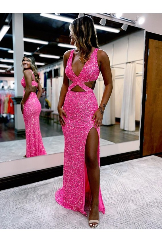 Velvet Sequin V-Neck Long Sweep Train Sleeveless Evening Dress Norwich