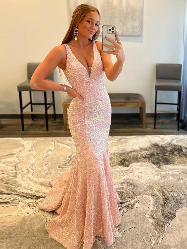 Velvet Sequin V-Neck Sweep Train Sleeveless Evening Dress Norwich