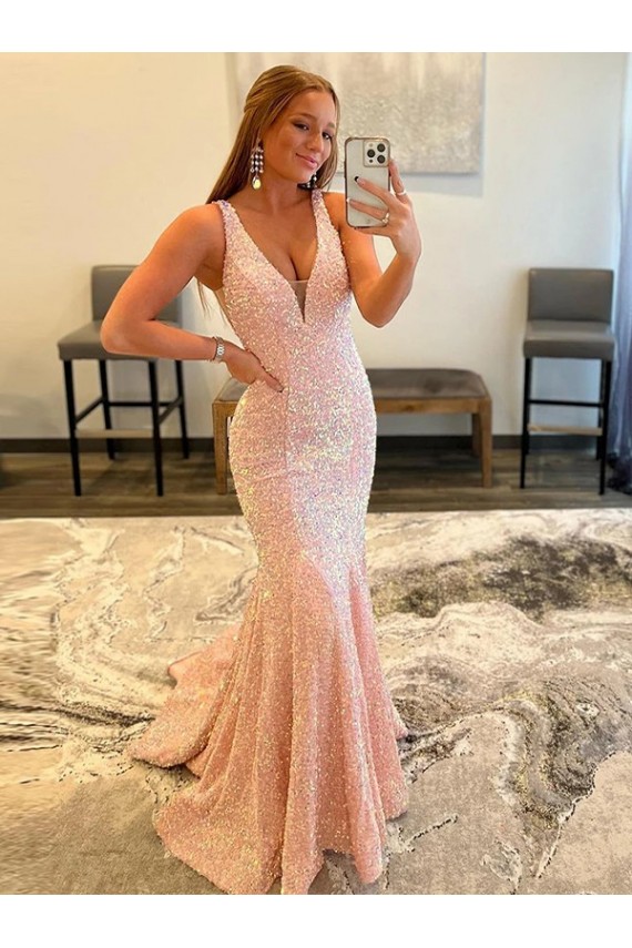 Velvet Sequin V-Neck Sweep Train Sleeveless Evening Dress Norwich