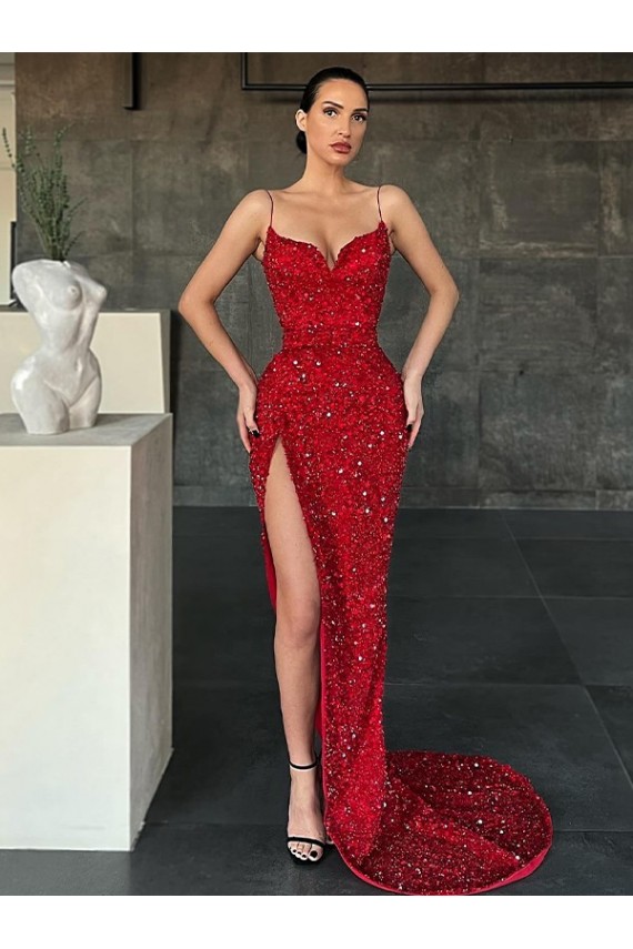 Red Velvet Sequin V-Neck Sweep Train Sleeveless Evening Gown / Prom Dress Norwich