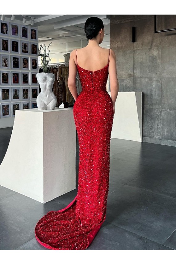 Red Velvet Sequin V-Neck Sweep Train Sleeveless Evening Gown / Prom Dress Norwich