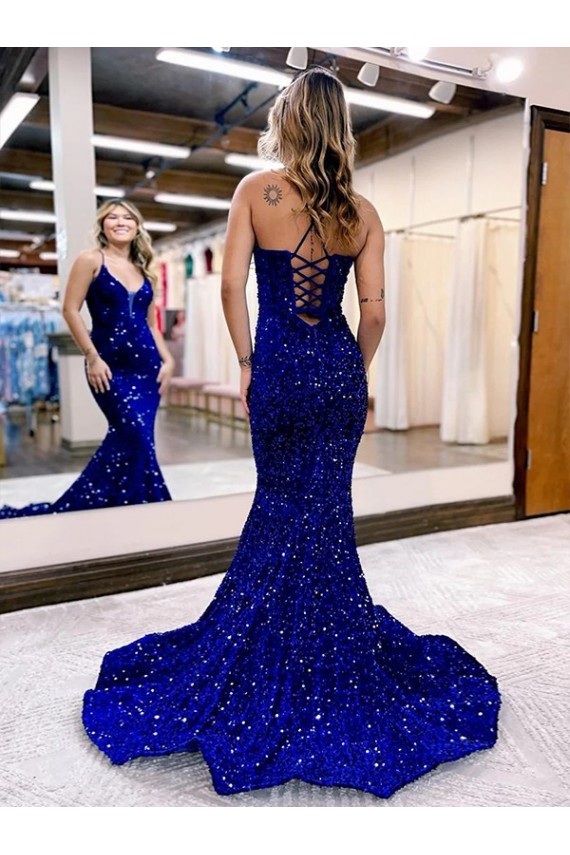 Velvet Sequin V-Neck Court Train Sleeveless Prom Dress Norwich