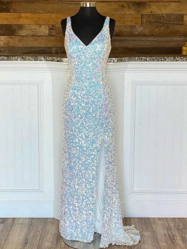 Velvet Sequin V-Neck Sweep Train Sleeveless Evening Gown / Prom Dress Norwich