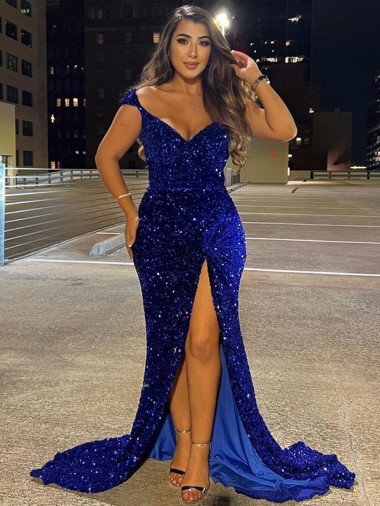Velvet Sequin V-Neck Sweep Train Sleeveless Dress Norwich