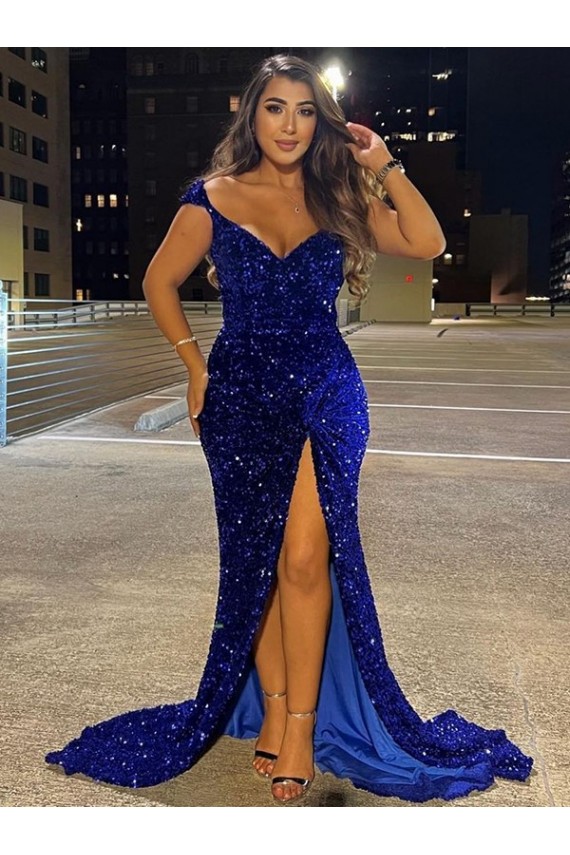 Velvet Sequin V-Neck Sweep Train Sleeveless Dress Norwich