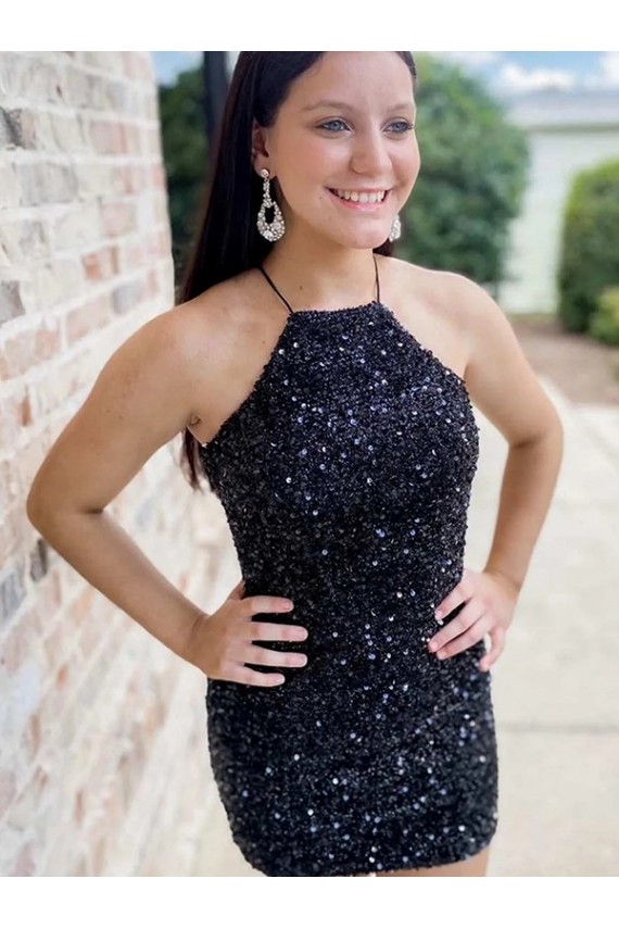 Velvet Sequin Halter Neck Short Sleeveless Prom Dress Norwich