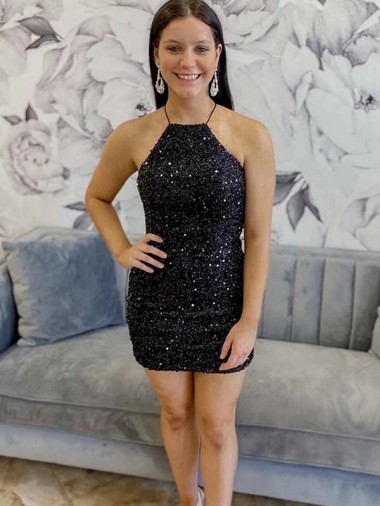 Velvet Sequin Halter Neck Short Sleeveless Prom Dress Norwich
