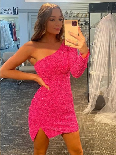 Velvet Sequin One Shoulder Short Long Sleeves Prom Dress / Evening Dress Norwich