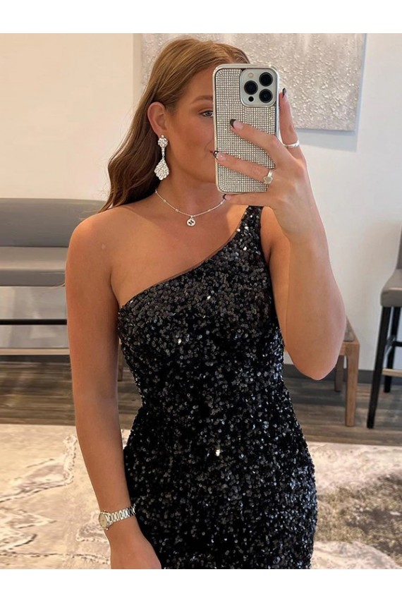 Velvet Sequin One Shoulder Short Sleeveless Prom Dress / Evening Gown Norwich
