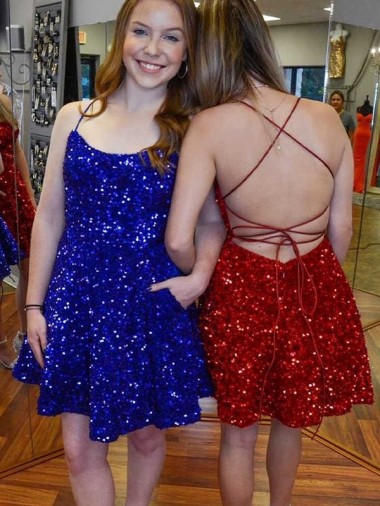 Royal Blue Velvet Sequin Spaghetti Straps Short Sleeveless Prom Dress Norwich