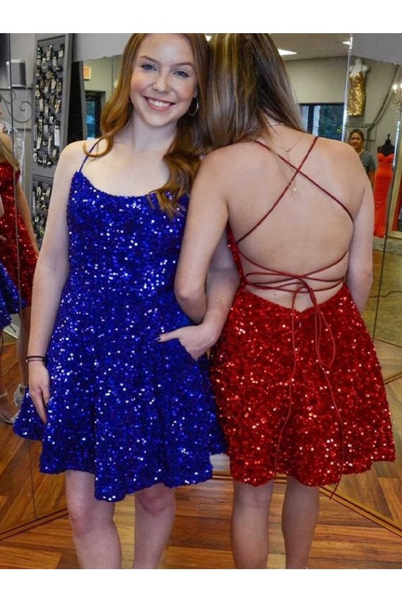 Royal Blue Velvet Sequin Spaghetti Straps Short Sleeveless Prom Dress Norwich