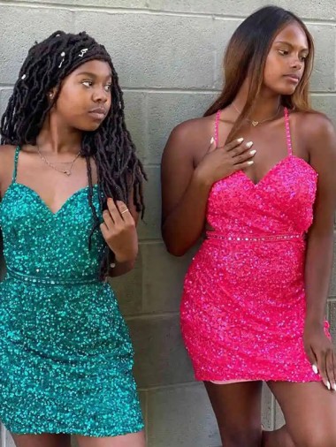 Dark Green Velvet Sequin V-Neck Short Sleeveless Prom Dress Norwich