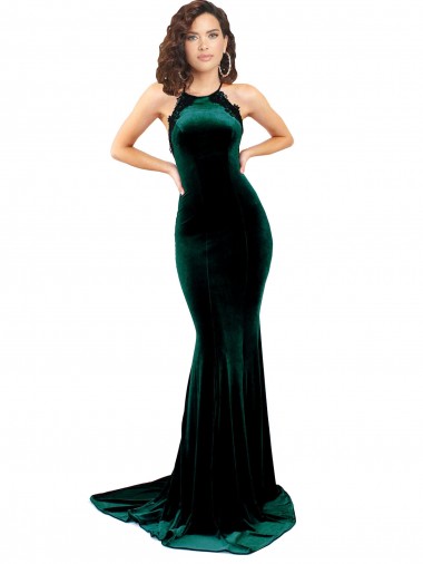 Open Back Stretch Velvet High Neck Sweep Train Sleeveless Formal Evening Gown / Prom Dress / Bridesmaid Dress Norwich