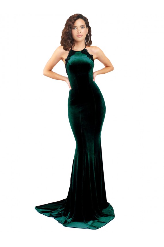 Open Back Stretch Velvet High Neck Sweep Train Sleeveless Formal Evening Gown / Prom Dress / Bridesmaid Dress Norwich
