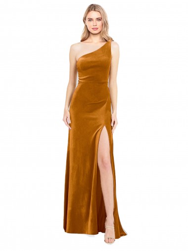 Gold Stretch Velvet One Shoulder Long Sleeveless Formal Evening Gown / Prom Dress / Bridesmaid Dress Norwich