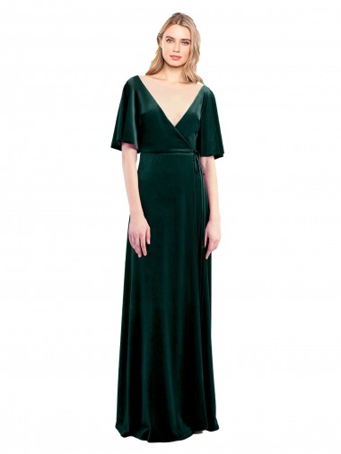 V-Back Dark Green Stretch Velvet V-Neck Long Flutter Sleeves Prom Dress / Bridesmaid Dress Norwich