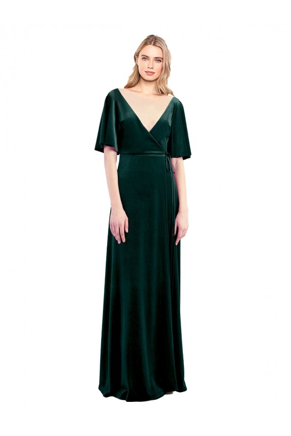 V-Back Dark Green Stretch Velvet V-Neck Long Flutter Sleeves Prom Dress / Bridesmaid Dress Norwich