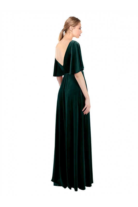 V-Back Dark Green Stretch Velvet V-Neck Long Flutter Sleeves Prom Dress / Bridesmaid Dress Norwich
