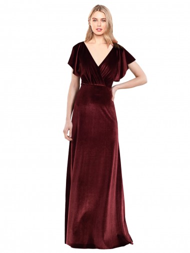 V-Back Burgundy Stretch Velvet V-Neck Long Flutter Sleeves Prom Dress / Bridesmaid Dress Norwich