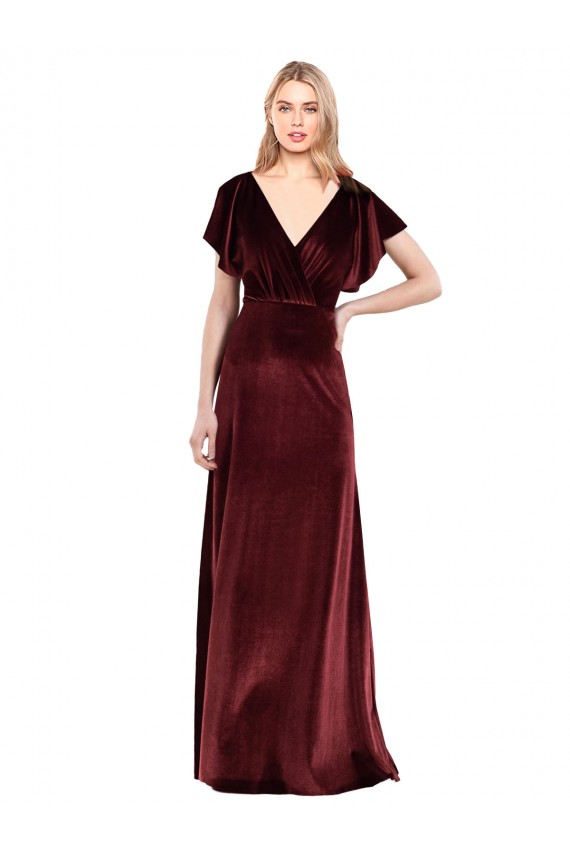 V-Back Burgundy Stretch Velvet V-Neck Long Flutter Sleeves Prom Dress / Bridesmaid Dress Norwich