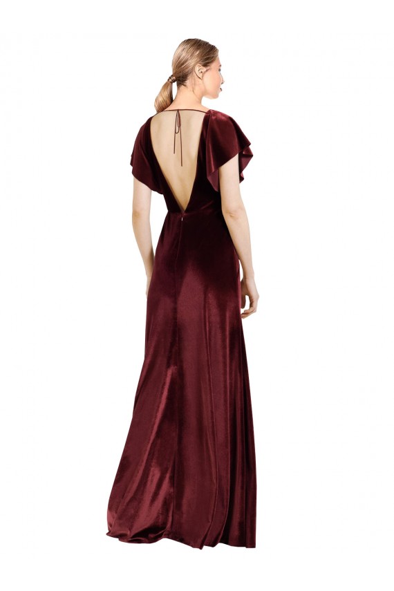 V-Back Burgundy Stretch Velvet V-Neck Long Flutter Sleeves Prom Dress / Bridesmaid Dress Norwich