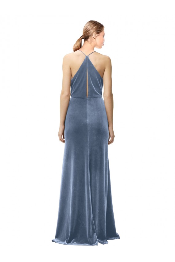 Keyhole Back Dusty Blue Stretch Velvet Spaghetti Straps Long Sleeveless Prom Dress / Bridesmaid Dress Norwich