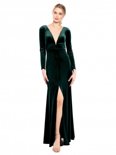 Open Back Stretch Velvet V-Neck Long Long Sleeves Black Tie Prom Dress / Bridesmaid Dress Norwich